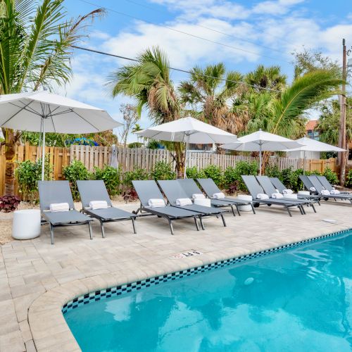 A sunny poolside scene with a row of lounge chairs under white umbrellas, tropical plants, and a bright blue pool next to a white building.
